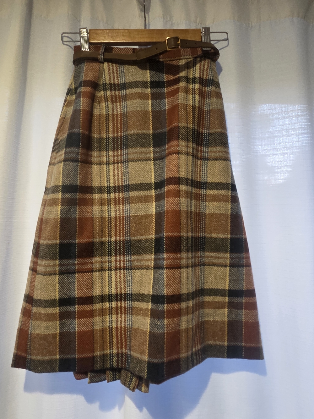 Vintage Plaid A-Line Wool Skirt in Brown and Tan
